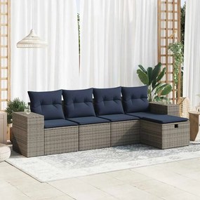 5 pcs conjunto sofás de jardim c/ almofadões vime PE cinzento