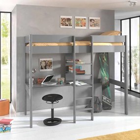 Cama alta de Criança PINO 90 x 200 cm + estrado + escada + secretária + 3 prateleiras Cinzenta
