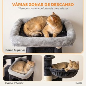 Árvore Arranhadora para Gatos 148 cm com Casota de 2 Níveis, Camas, Rede, Postes em Sisal e Bolas Suspensas