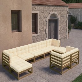 vidaXL 9pcs conj. lounge jardim e almofadões pinho maciço castanho mel