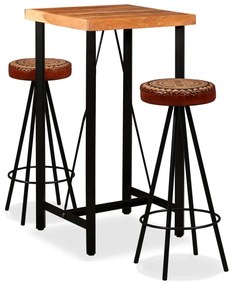vidaXL Conjunto bar 3 pcs madeira acácia maciça couro genuíno e lona