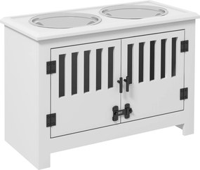 Comedouro Elevado para Cães com 2 Tigelas em Aço Inoxidável 2x2 L, Arrumação 37 L e 2 Portas com Trincos, Branco