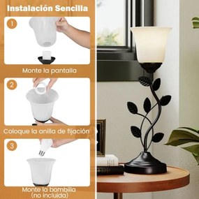 Candeeiro de mesa para mesa de cabeceira Candeeiro vintage para mesa de cabeceira com abajur de vidro em forma de tulipa e folhas de metal preto
