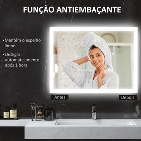 Espelho Casa de Banho com Luzes LED 80x60 cm Função Antiembaciamento 3 Cores Função de Memória e Interruptor Tátil Prata
