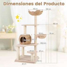 Arranhador para gatos 150 CM Torre para gatos de 5 camadas com postes de arranhar de sisal Poleiro de sisal Condomínio  Almofadas laváveis Bege