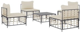 5 pcs conjunto lounge de jardim c/ almofadões vime PE antracite