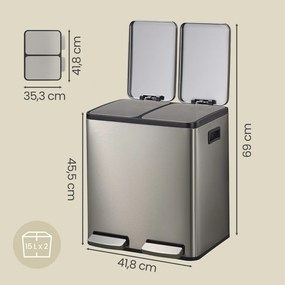 Caixote do lixo com 2 compartimentos, caixote do lixo de 2 x 15 L, 41,8 x 35,3 x 45,5 cm com pedal e tampa com fecho suave prateado