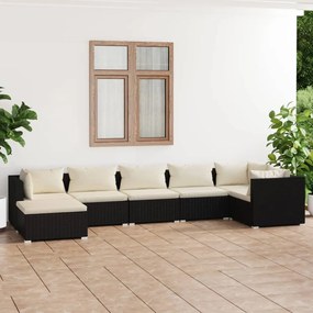 7 pcs conjunto lounge de jardim c/ almofadões vime PE preto