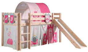 Conjunto Cama alta de Criança PINO 90 x 200 cm + estrado + escada + escorrega + cortina + túnel + bolsas de arrumação Princesa Natural