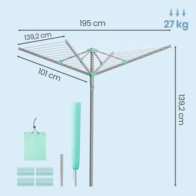 Estendal de roupa giratório 139,2 x 139,2 x 182 cm, com 45 m de corda, prateado