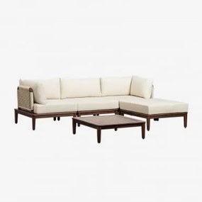 Conjunto De Jardim Com Sofá Modular De 3 Peças Com 2 Poltronas De Canto, Mesa De Centro E Puff Em Acácia Giulia Crema - Sklum