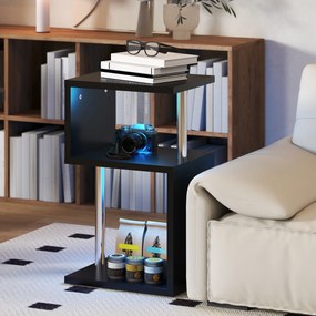 Mesa Auxiliar com Luz LED 3 Níveis Forma de S Prateleiras Abertas e Estrutura em Alumínio 44x38x75 cm Preto Brilhante
