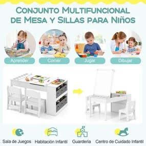 Mesa e cadeiras infantis 2 em 1 com arrumação, com tampo elevável, rolo de papel, 6 copos de tinta e 6 caixas brancas