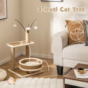 Arranhador para gatos de interior Árvore com tapete de rattan Brinquedos pendurados Postos de arranhar Plataforma Cama espaçosa Centro de actividades