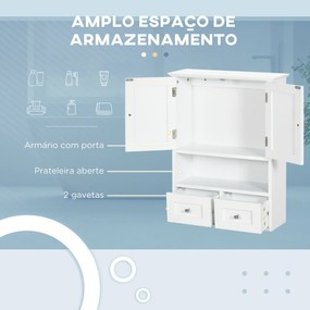 Armário de Parede para Casa de Banho com 2 Portas Prateleira Aberta e 2 Gavetas Estilo Moderno 50,8x17,8x66 cm Branco