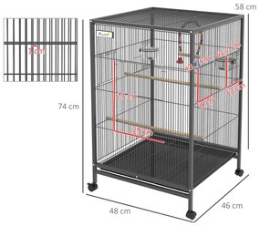 Gaiola para Pássaros com Rodas Gaiola para Aves com Comedouro Poleiro Baloiço e Bandeja Amovível 48x46x74 cm Cinzento