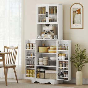 Armário de cozinha alto com 4 portas  60 x 39,5 x 179,6 cm, 8 compartimentos para especiarias, bancada e prateleira ajustável, branco