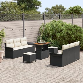 Conjunto de Sofás Jardim vidaXL de 9 peças com Almofadas Preto Rattan