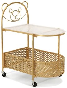 Mesa de centro móvel de vidro com 2 níveis, estampa de urso e cesto de armazenamento - branca