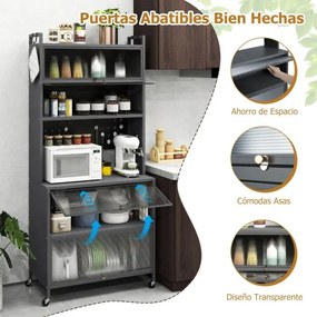 Armário de cozinha 80 x 40 x 178 cm com 6 níveis com prateleiras Portas basculantes Bancada para micro-ondas Cinzento