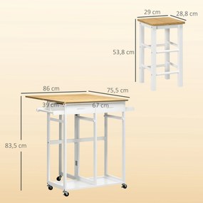 Conjunto de Mesa Alta de Bar e 2 Bancos com Rodas Mesa Dobrável de Cozinha com Bancos 86x75,5x83,5 cm Natural