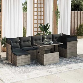 8 pcs conjunto sofás de jardim c/ almofadões vime PE cinzento