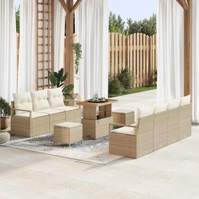Conjunto de Sofá de Jardim de 10 Peças com Almofadas Bege Polyrattan Acácia