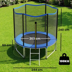 Trampolim para Crianças Exterior Ø244 cm com Rede de Segurança Escada Acolchoamento de Molas Azul