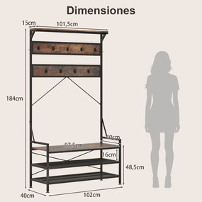 Bengaleiro entrada com Banco para sapatos com Estante 11 Ganchos Estrutura metálica 102 x 40 x 184 cm Castanho