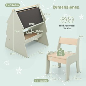 Conjunto de quadro negro de dupla face para crianças com banco com suporte para rolo de papel Estante verde