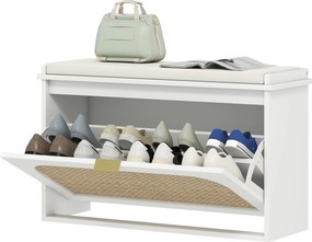 Sapateira 80 x 26 x 47,5 cm Banco para sapatos, assento almofadado, gaveta rebatível, porta em rattan, branco