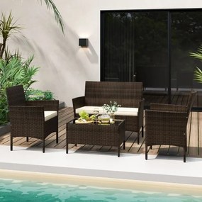 Conjunto de jardim, 4 peças: mobiliário de exterior com cadeira, sofá de 2 lugares e mesa de vidro temperado Castanho misto e almofadas Creme