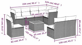 9 pcs conjunto sofás p/ jardim c/ almofadões vime PE cinzento