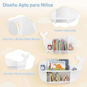 Conjunto de 2 prateleiras suspensas em forma de baleia com compartimentos abertos - Estante suspensa em madeira para quarto infantil ou creche - Branc