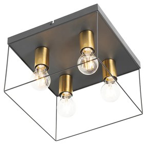 Candeeiro de teto minimalista preto com quadrado dourado de 4 luzes - Kodi Moderno