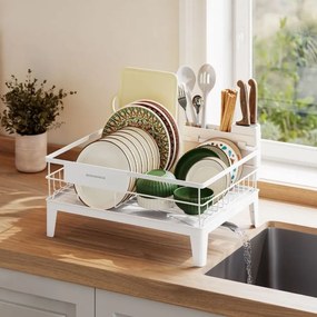 Escorredor louça giratório com tabuleiro e suporte para talheres 31 x 42 x 18,5 cm Branco 