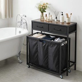 Cesto para Roupa Suja com Rodas, 80 x 32 x 77 cm, Três Compartimentos, Castanho