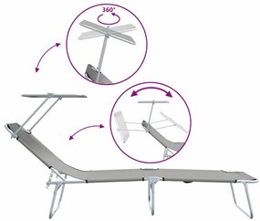 Espreguiçadeiras dobráveis 2 pcs com toldo em tecido Oxford cinza 600D