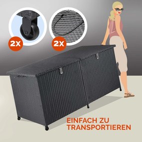 Caixa de exterior para almofadas 625 L em Polyrattan 151x77x73cm com Rodas Preto