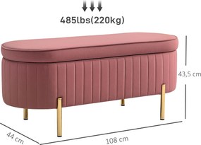 Banco de arrumação, baú de veludo com tampa, pés de metal, capacidade de 72 L, 108 x 44 x 43,5 cm, rosa