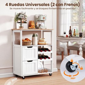 Carrinho de Cozinha com Garrafeira, 65 x 37 x 89 cm, Arrumação Completa, Branco
