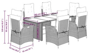 7 pcs conjunto de jantar p/ jardim c/ almofadões vime PE preto