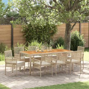 vidaXL Conjunto de Jantar de Jardim de 9 Peças com Almofadas em Bege e Polirattan