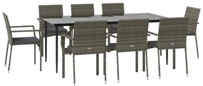 9 pcs conjunto jantar jardim c/ almofadões vime PE preto/cinza