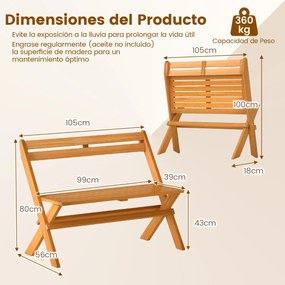 Banco jardim dobrável para exterior 56 x 105 x 80 cm em madeira de acácia para 2 pessoas, capacidade de 360 kg, para varanda, terraço, jardim ou parqu