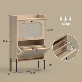 Sapateira com capacidade para 12 pares, 60 x 23,7 x 99,5 cm, 2 gavetas rebatíveis, portas em rattan e prateleiras ajustáveis, cor carvalho