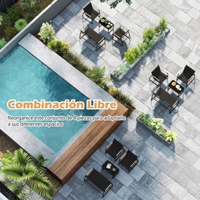 Conjunto de jardim de 4 peças, com almofadas, mesa de vidro temperado e cadeiras de jardim para alpendre, varanda ou jardim com almofadas Cinza