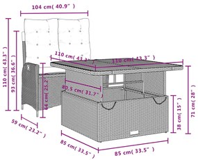 2 pcs conjunto de jantar p/ jardim c/ almofadões vime PE cinza