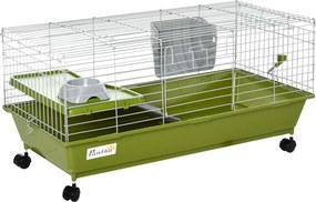Gaiola para Pequenos Animais com Rodas Bebedouro Comedouro e Dispensador de Feno para Coelhos e Porquinhos-da-Índia 89x44x43 cm Verde