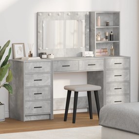 Conjunto de Mesa de Maquilhagem 3 Peças com LED Cinza Concreto Madeira de Engenharia